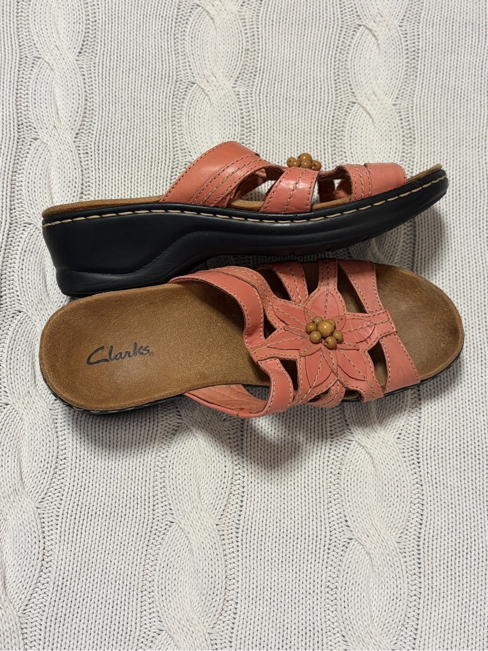 Clarks Lexi Myrtle Coral Leather Floral Slide Wedge Sandals Comfort size 8